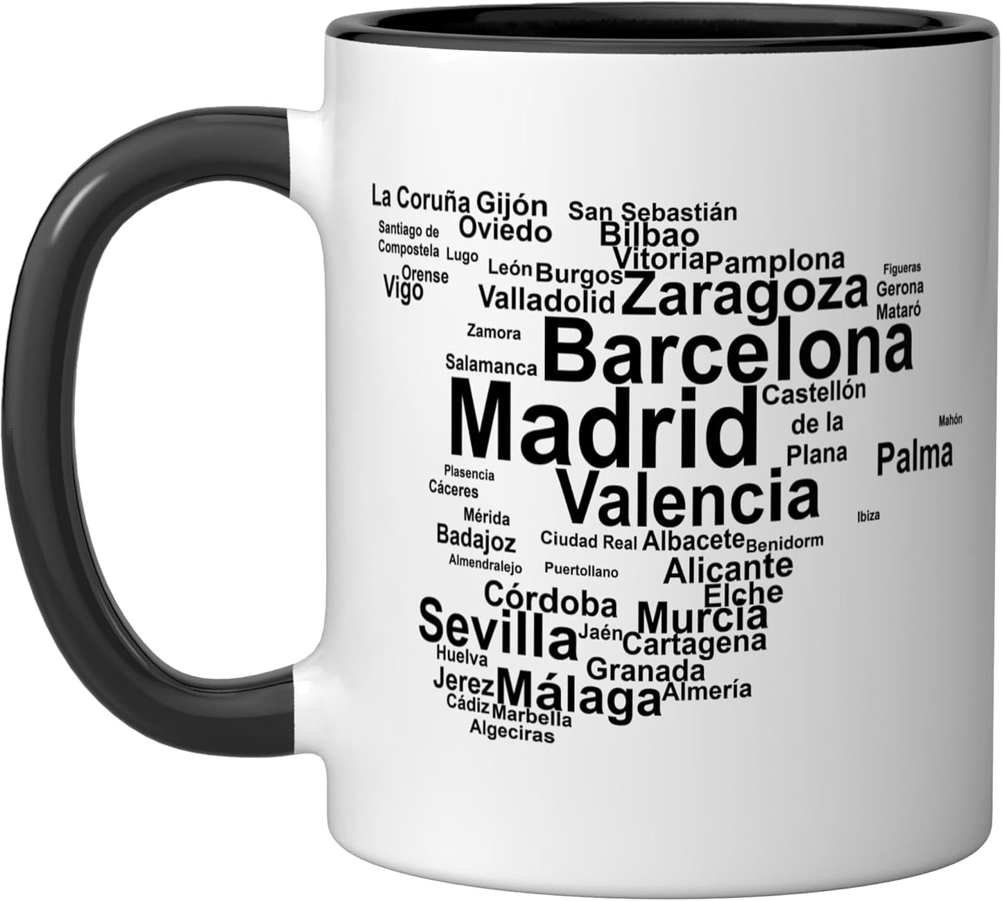 Taza cerámica mapa de España con ciudades en negro y blanco