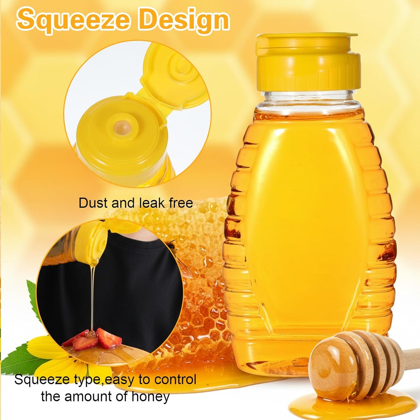 Jarras de miel vacías con embudo plástico transparente dispensador con tapa reversible 4 piezas