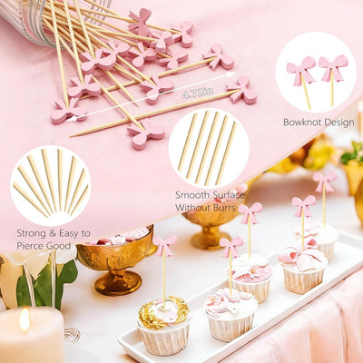 100 Palillos Cóctel Lazos Rosados Decoración Temática