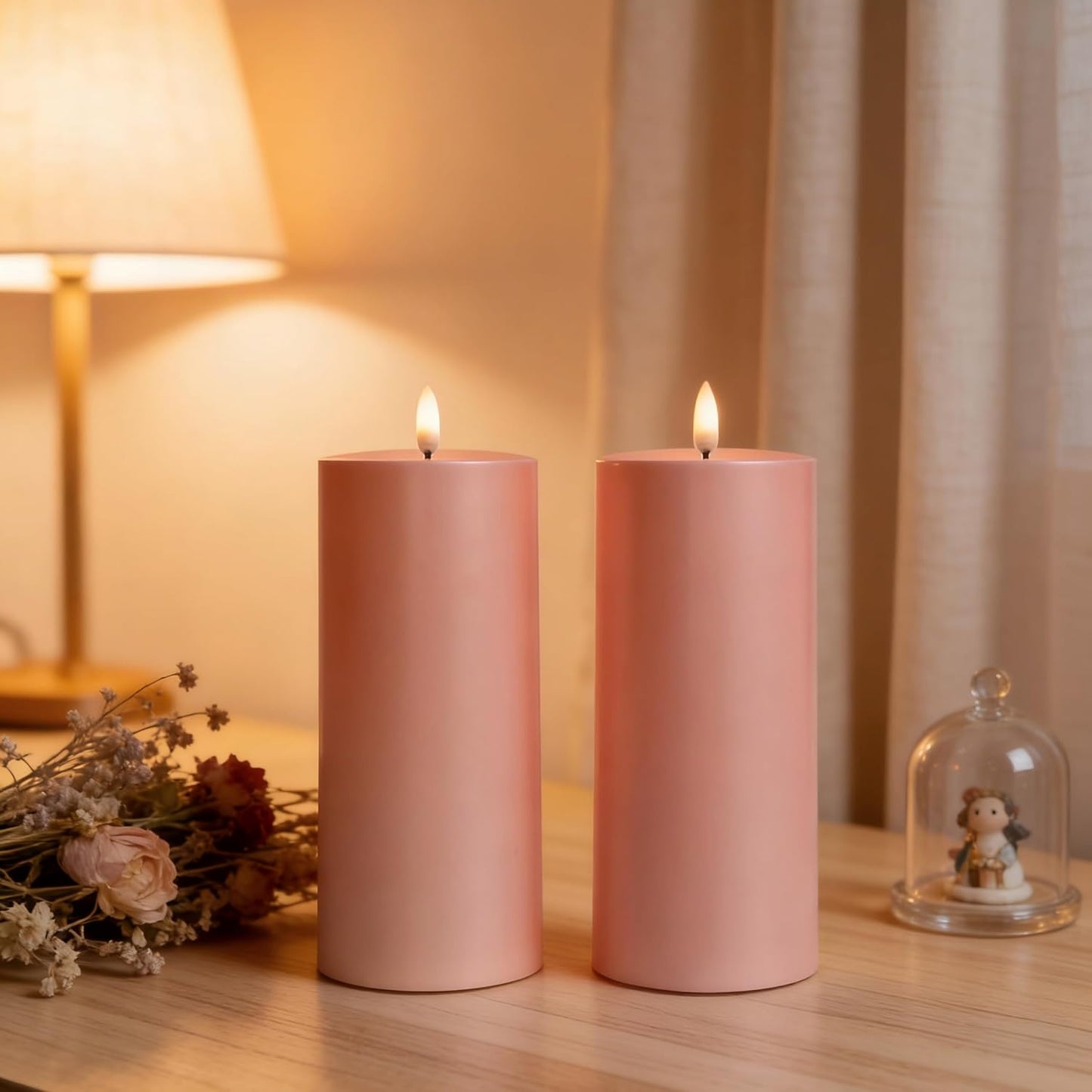 Set 2 Velas Pilar Rosas Sin Llama 3x8pulg Batería Decoración