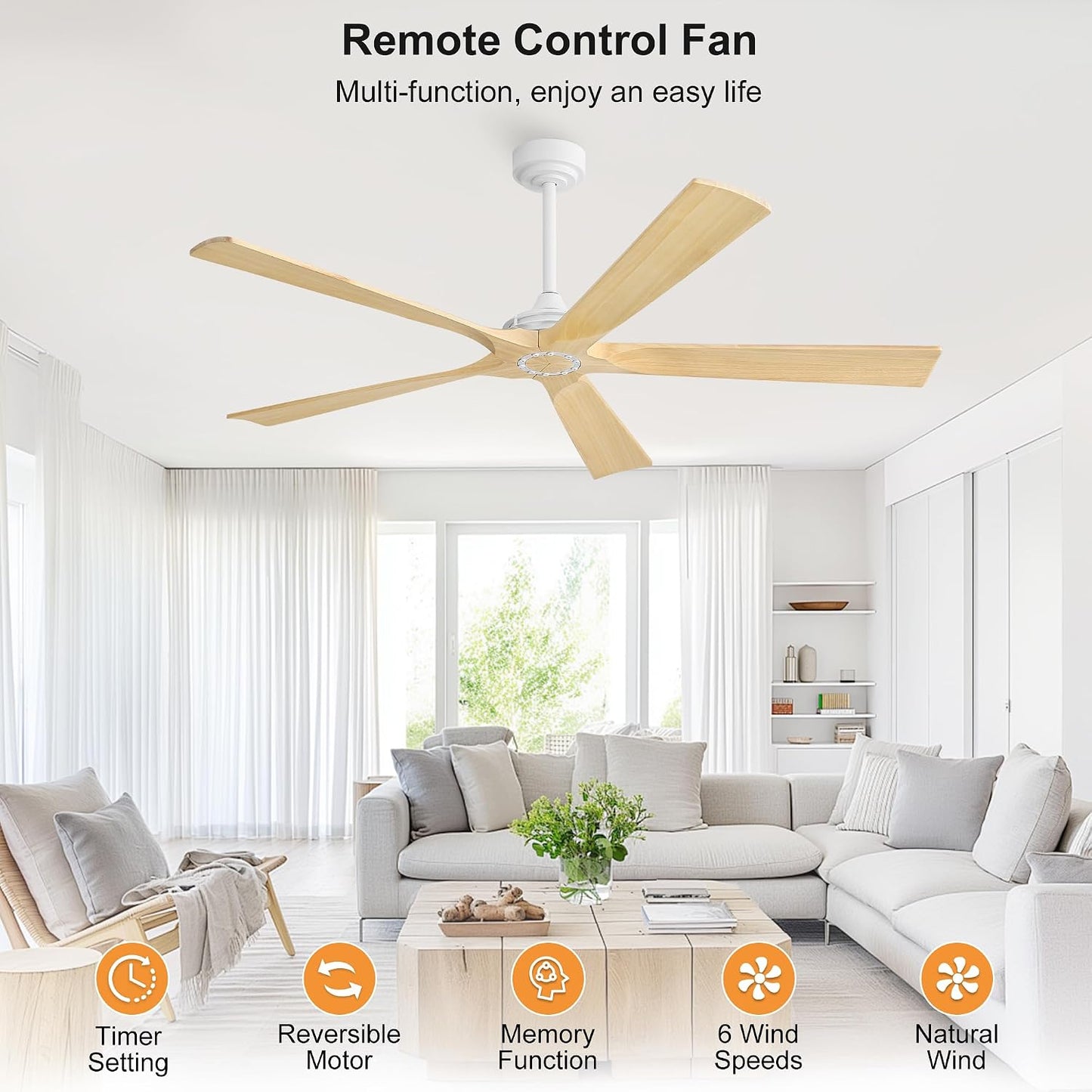 Ventilador techo 60pulg 5 aspas madera motor CC 6 vel control remoto