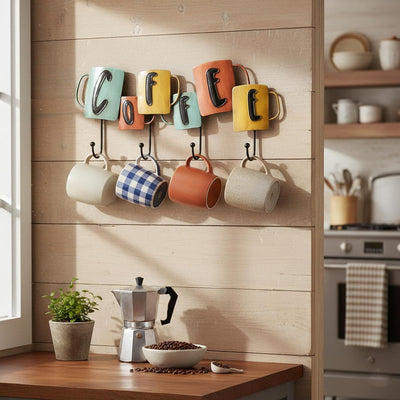 Soporte para taza de café retro con letrero de metal y 4 ganchos