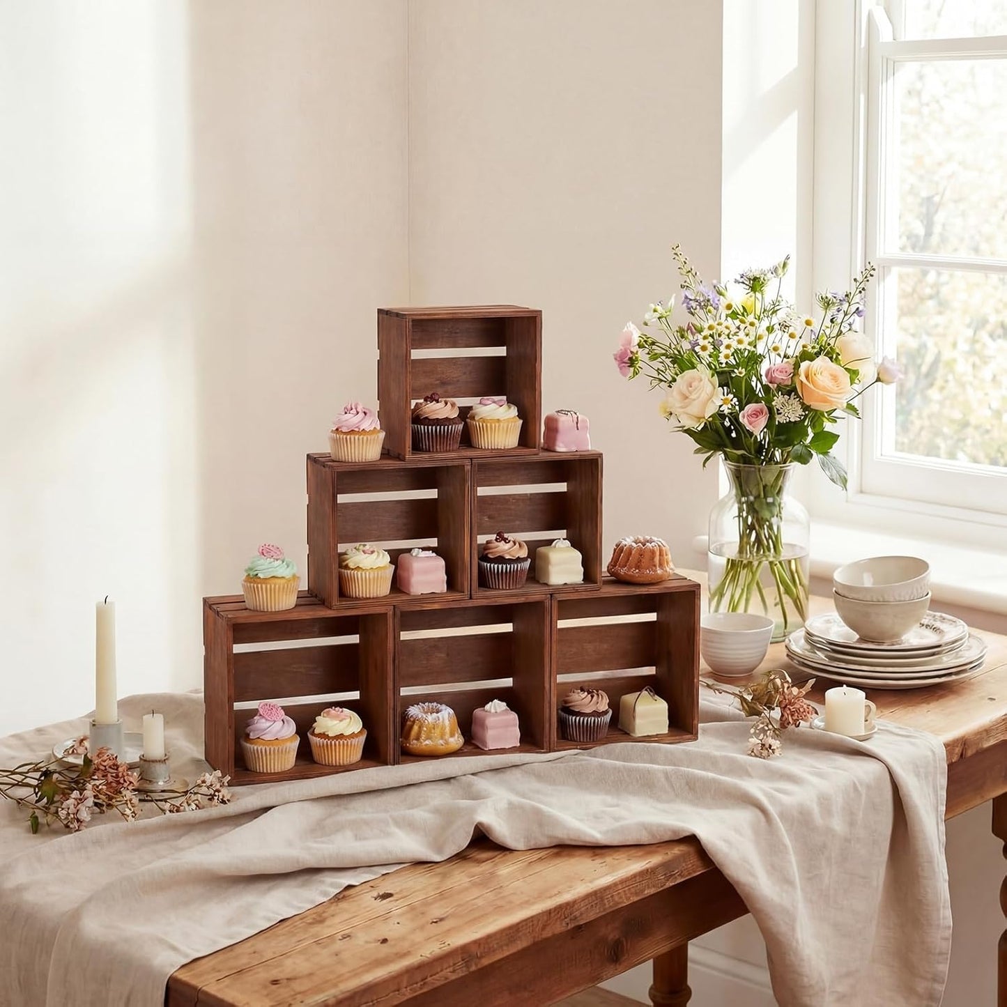 6 Cajas Madera Rústica Soporte Cupcakes Apilables Bufé Boda
