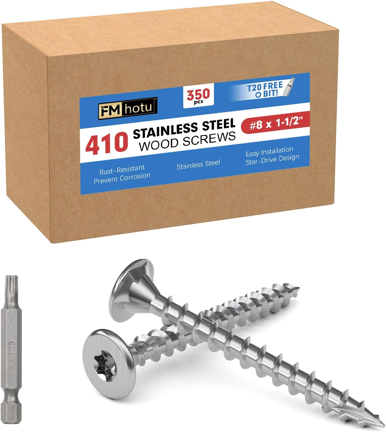 Tornillos cubierta acero inox T20 Star Bit 350 s madera