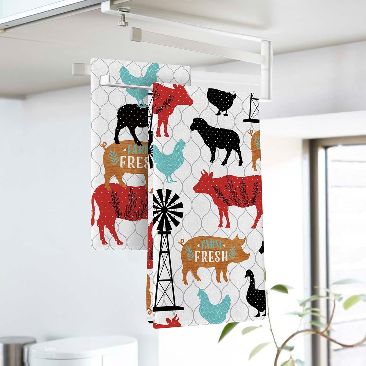 Juego de 2 paños de cocina vintage con motivos de granja y animales