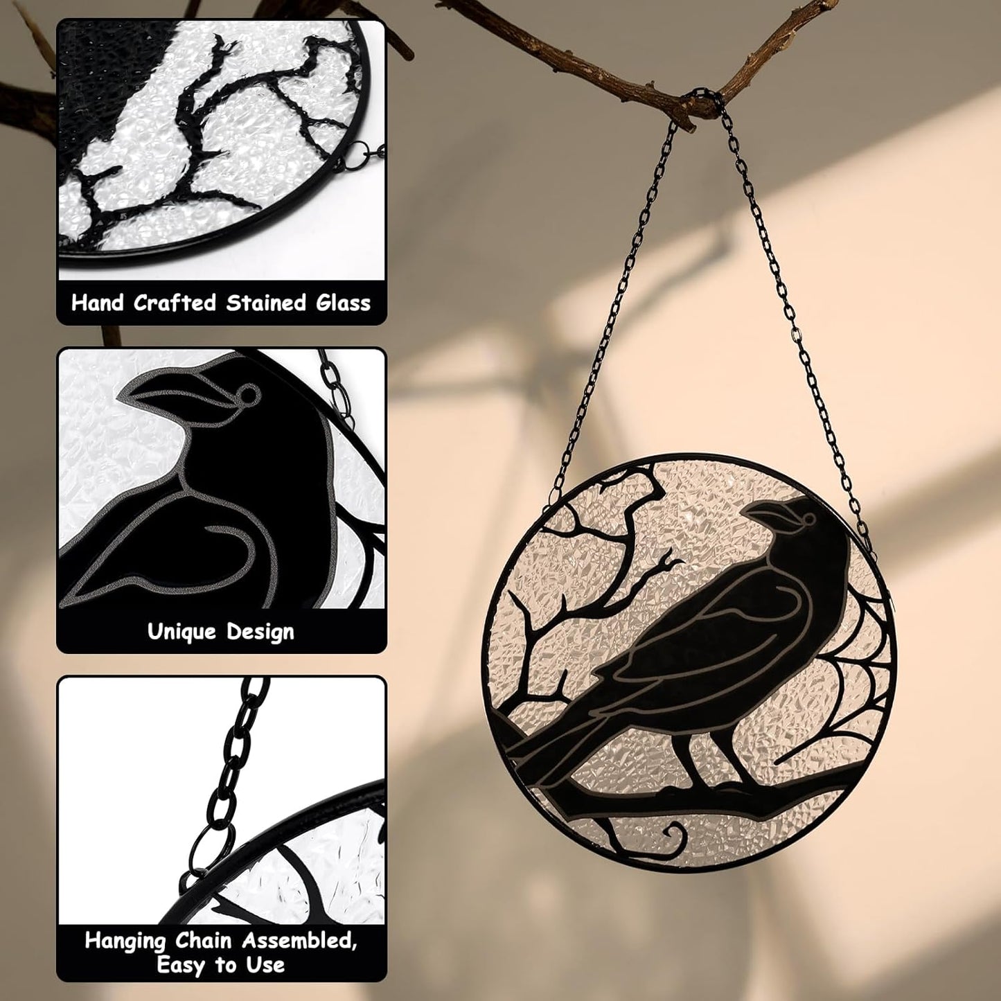 Atrapasoles gótico cuervo negro decoración colgante cristal pintado