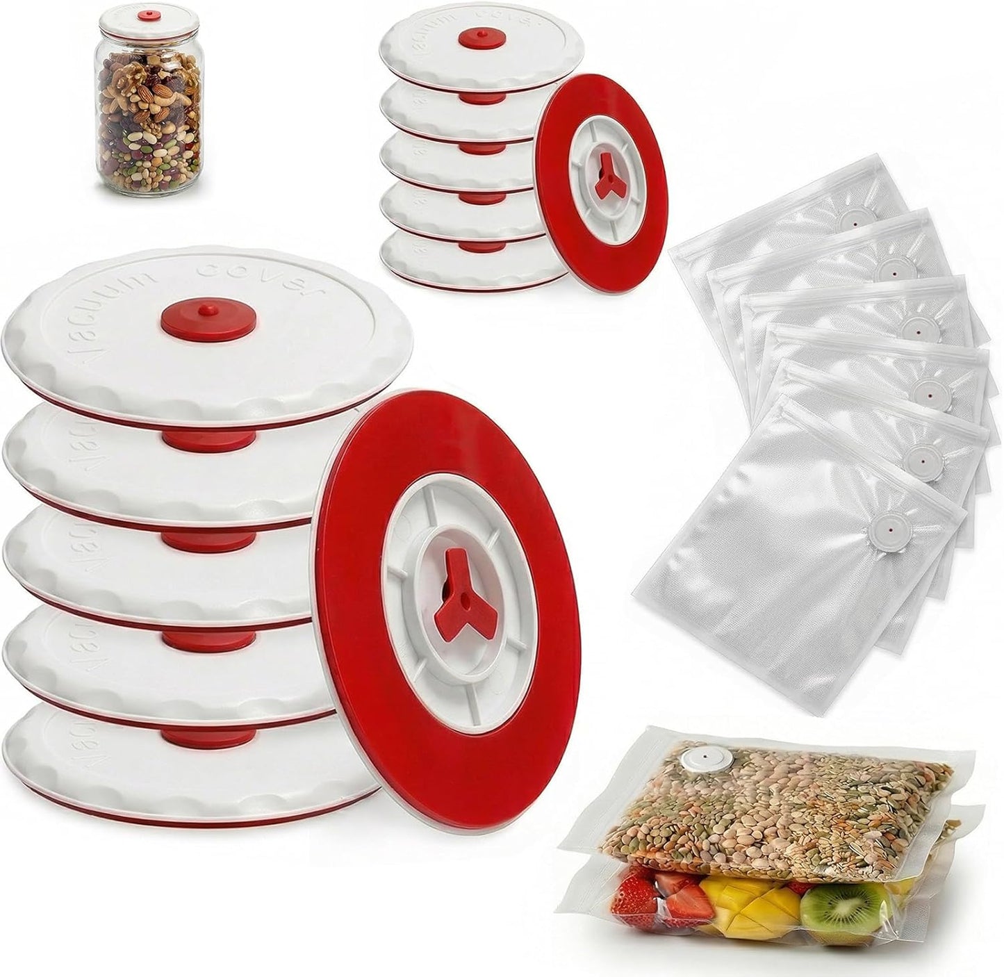 Set tapas silicona vacío 5 grandes 5 pequeñas 6 bolsas rojo blanco