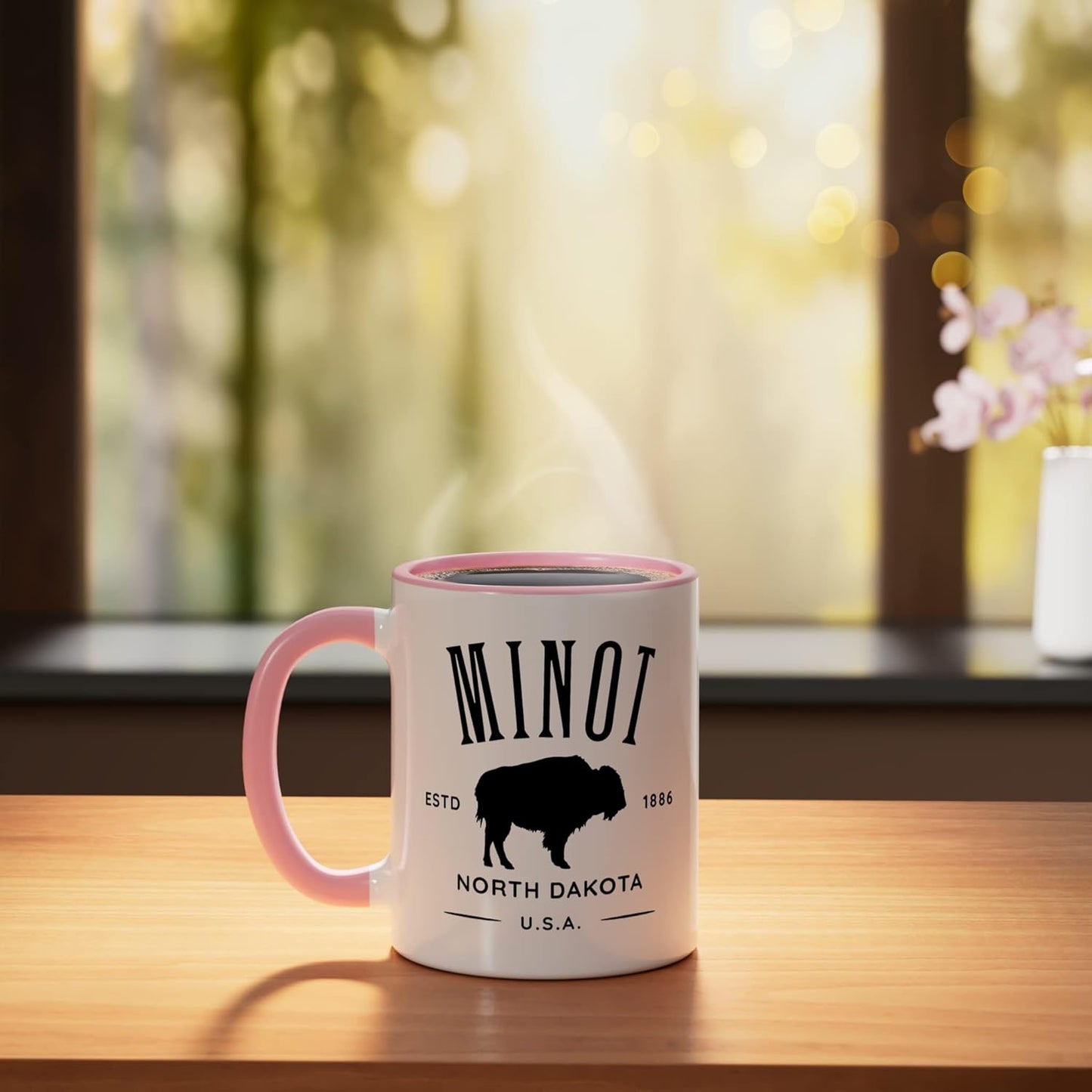 Taza Cerámica Minot ND 1886 Bisonte Rosa/Blanco