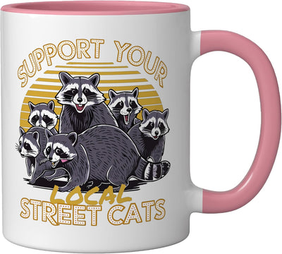 Taza cerámica vintage raccoon para apoyar gatos callejeros rosa/blanca