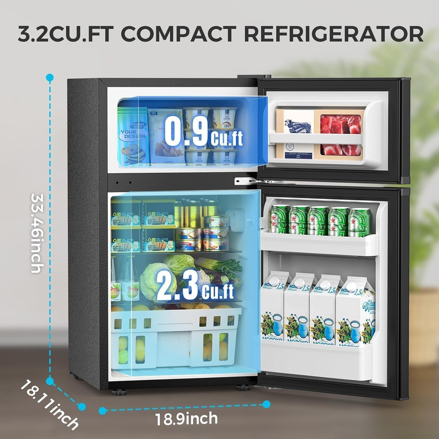 Refrigerador mini doble puerta 3.2pies cúbicos termostato