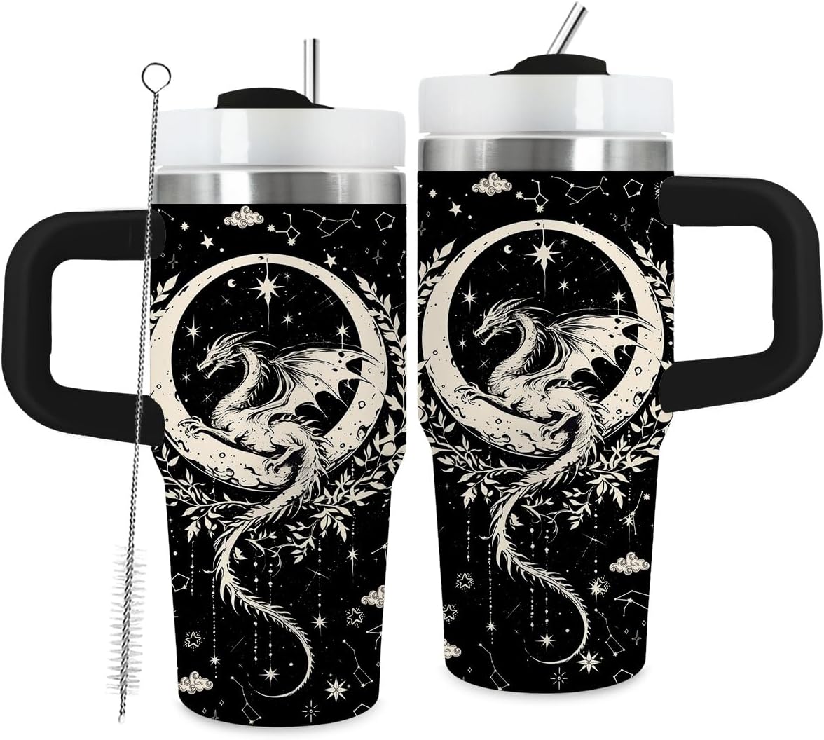 Vaso de dragón con asa y pajilla aislado al vacío acero inoxidable