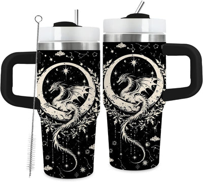 Vaso de dragón con asa y pajilla aislado al vacío acero inoxidable