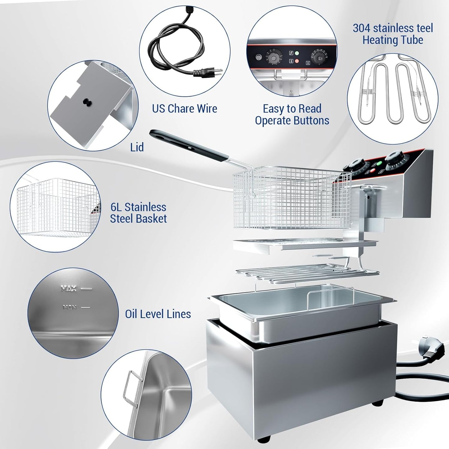 Freidora eléctrica acero inox 11.6qt con cesta y tapa desmontables