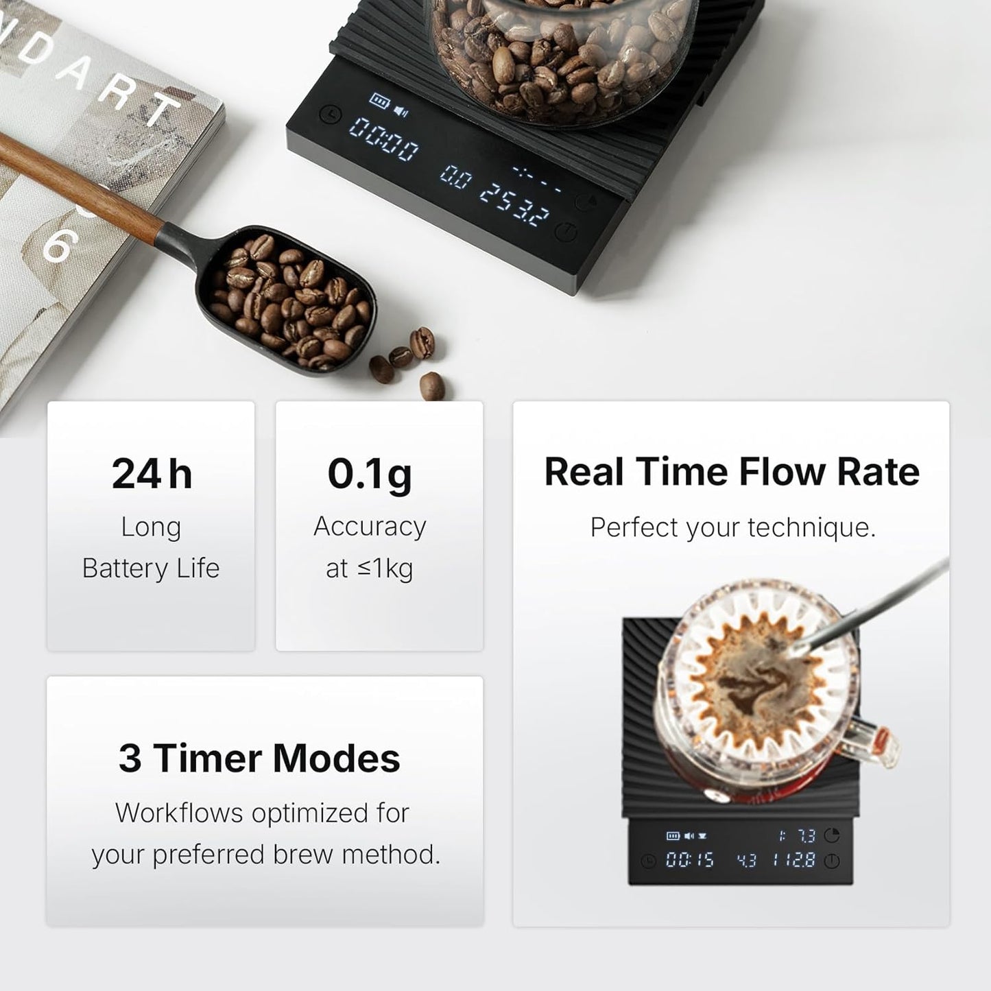 Báscula café digital 3.0 con temporizador kg/oz modo Pourover negro