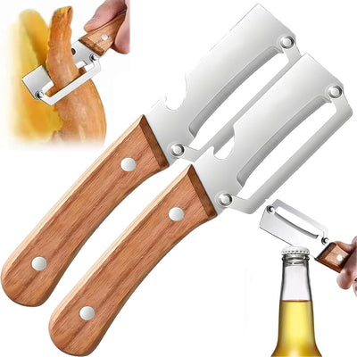 Pelador de verduras de acero inoxidable 2 en 1 con mango de madera y abridor de botellas