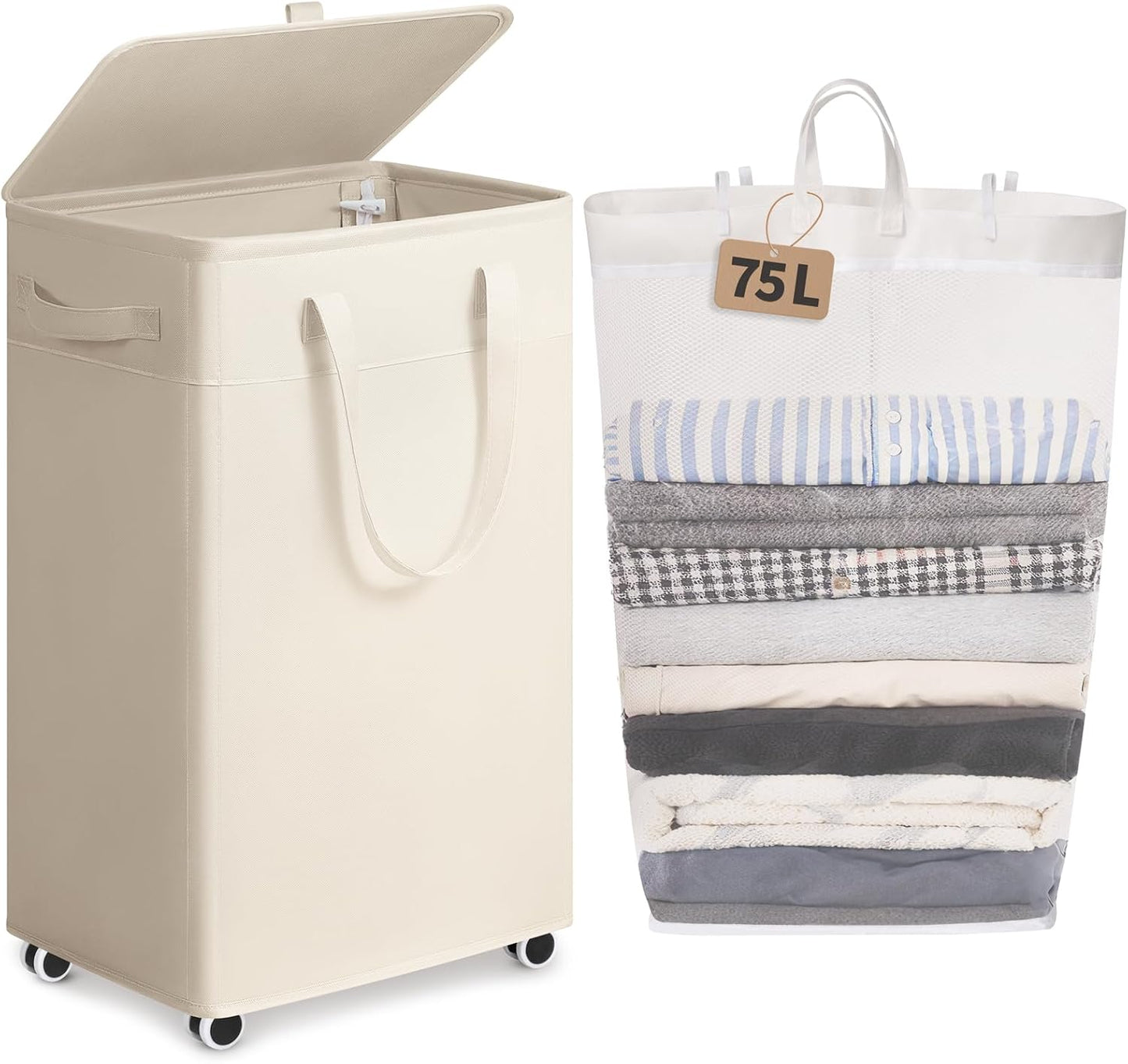 Cesta lavandería blanca plegable 75L ruedas tapa