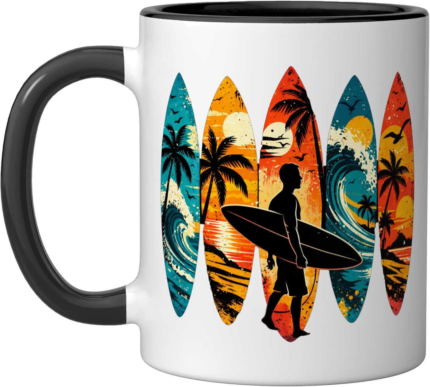 Taza cerámica retro surfboard playa verano negro/blanco