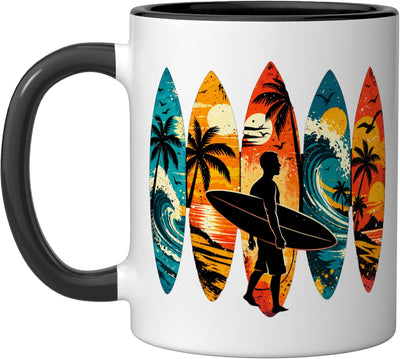 Taza cerámica retro surfboard playa verano negro/blanco