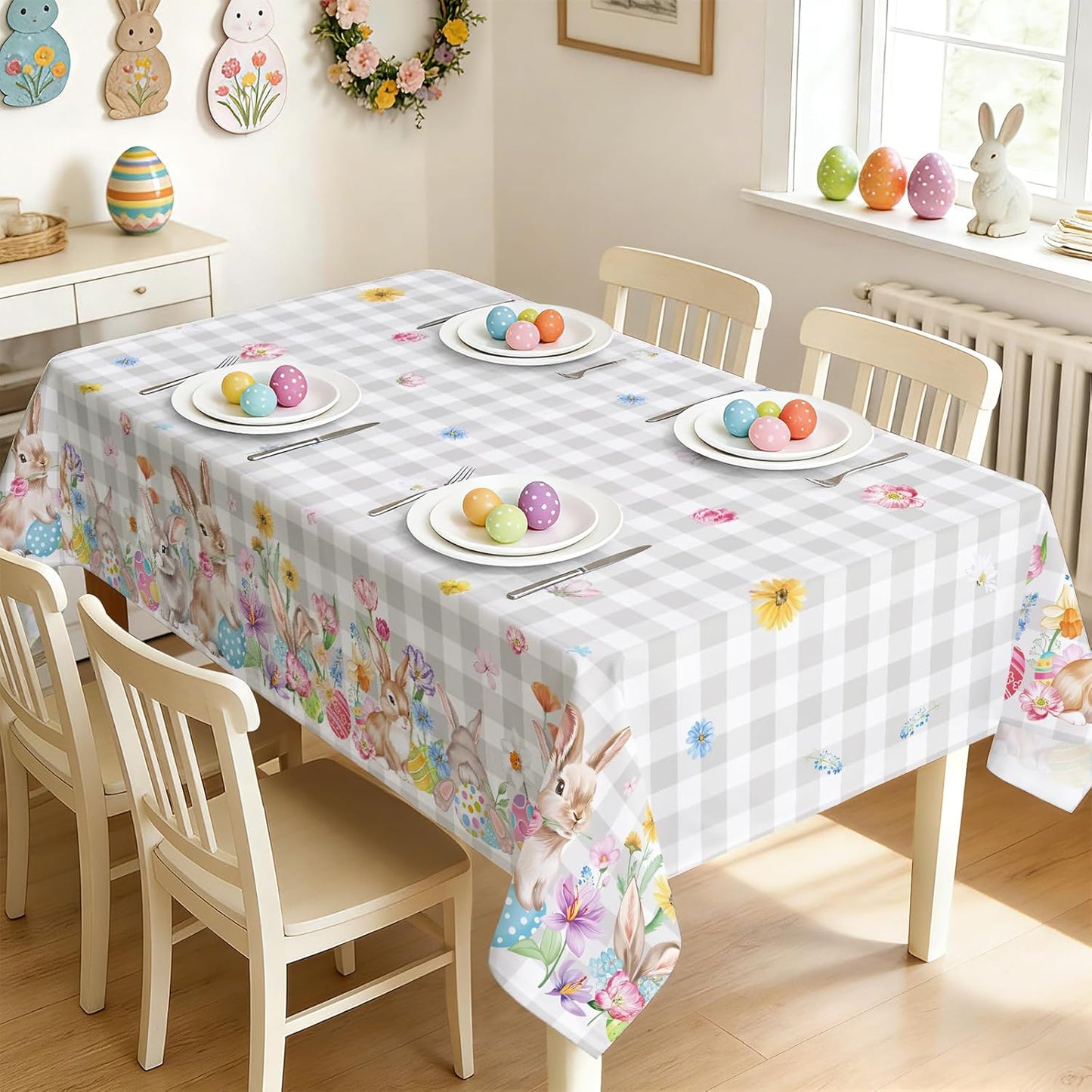 Mantel rectangular de Pascua con diseño de conejito y huevos