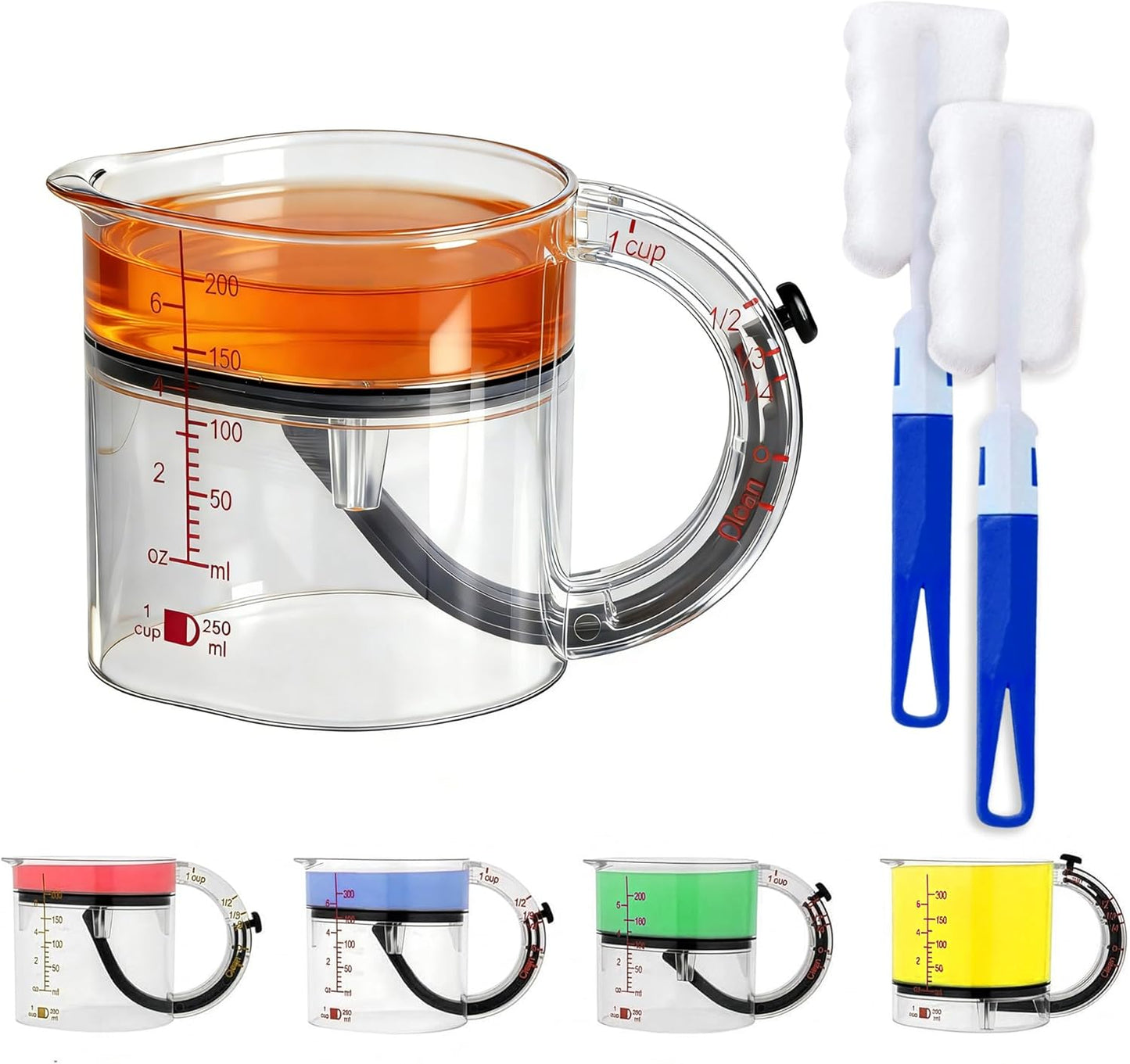 Taza medidora ajustable 4 en 1 con base raspadora y cepillo largo
