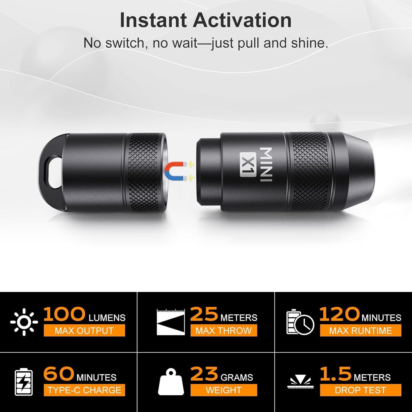 Linterna LED recargable USB-C con llavero IPX6 100lumen