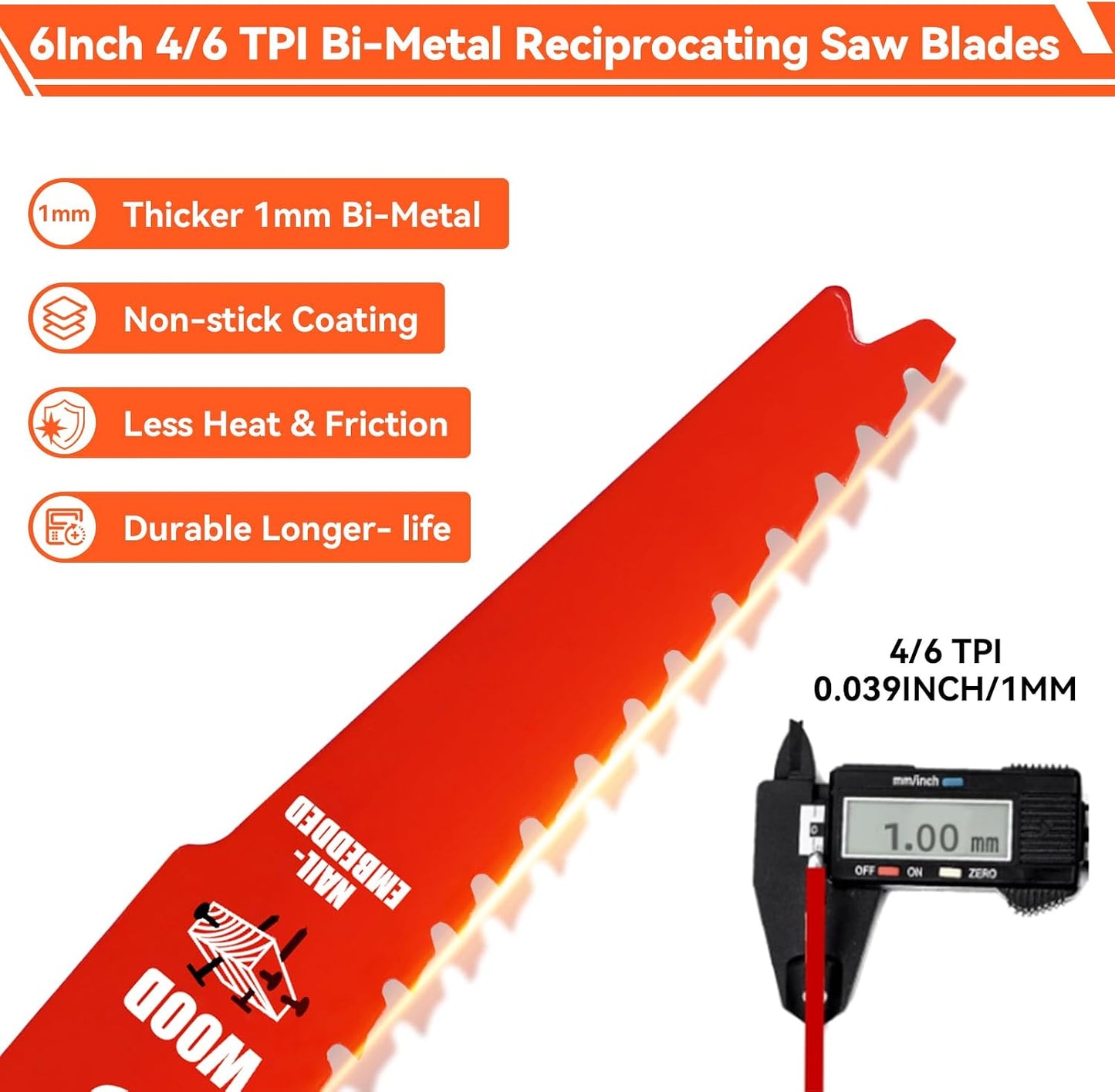 25 Hojas Sierra Recíproca 6pulg 4/6 TPI para Corte Madera y Clavos