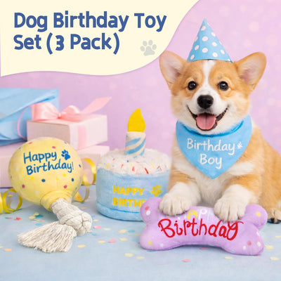 Juego 3 juguetes perros pastel arrugado globo cuerda hueso