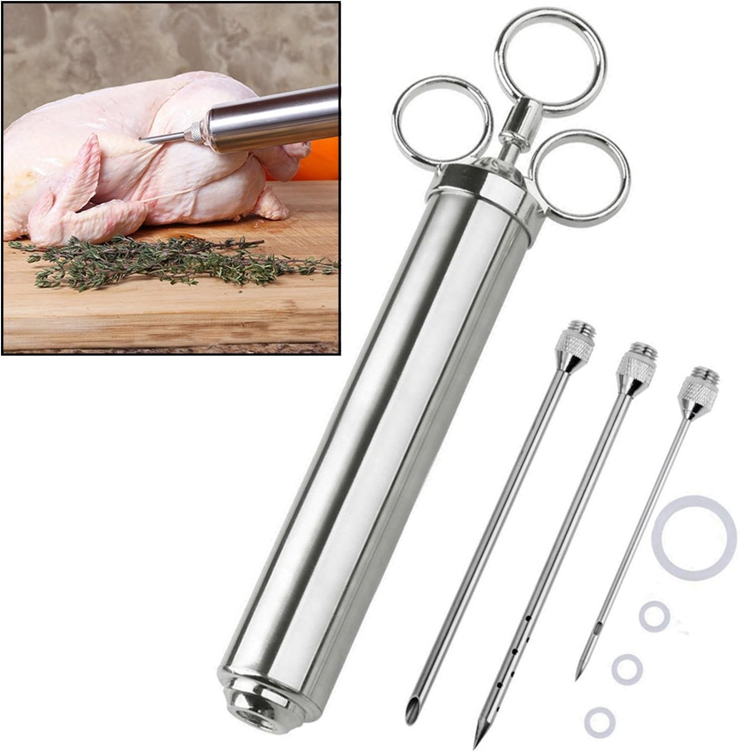 Kit inyector carne acero inox 4oz 1/2 taza 3 agujas