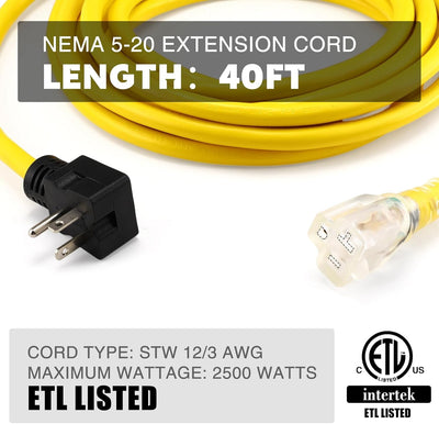 Cable extensión NEMA 5-20 40ft 20A con luz