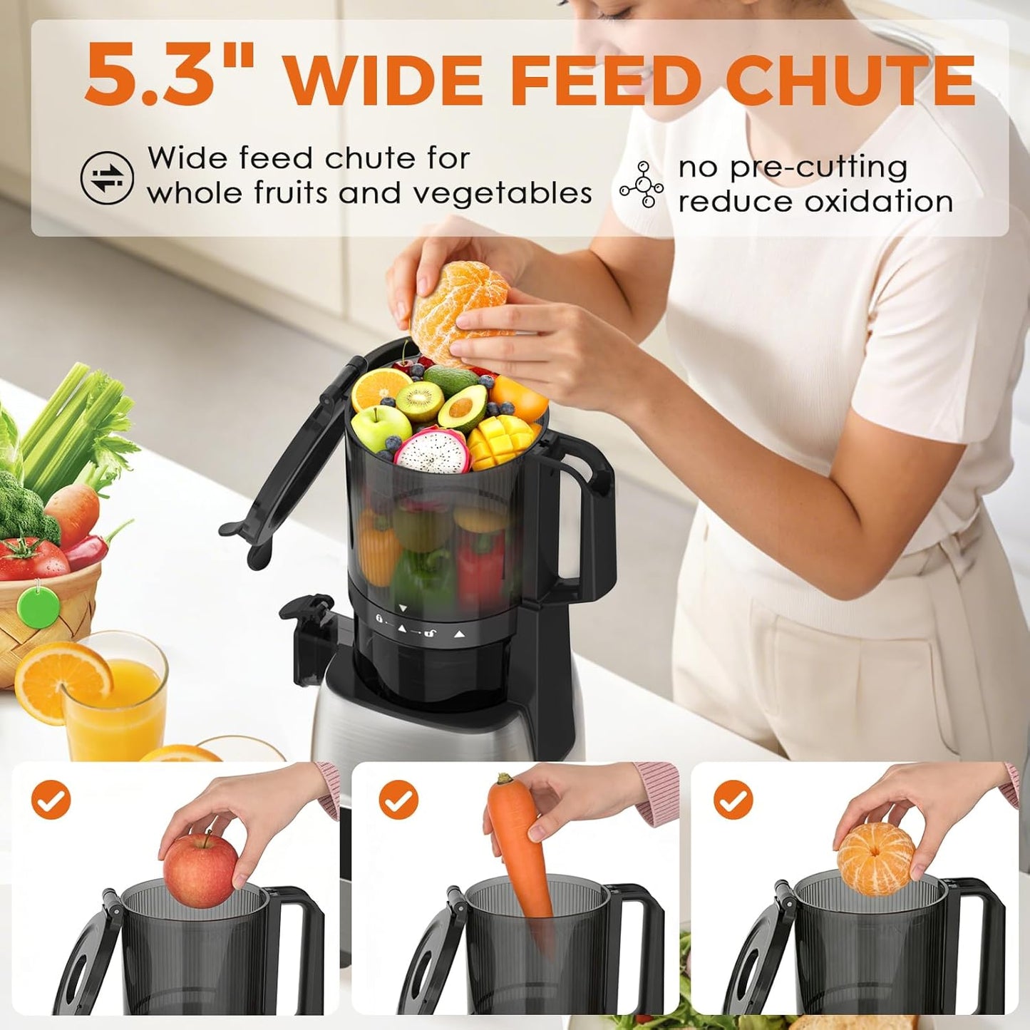 Exprimidor frutas verduras canal 5.3pulg alto rendimiento