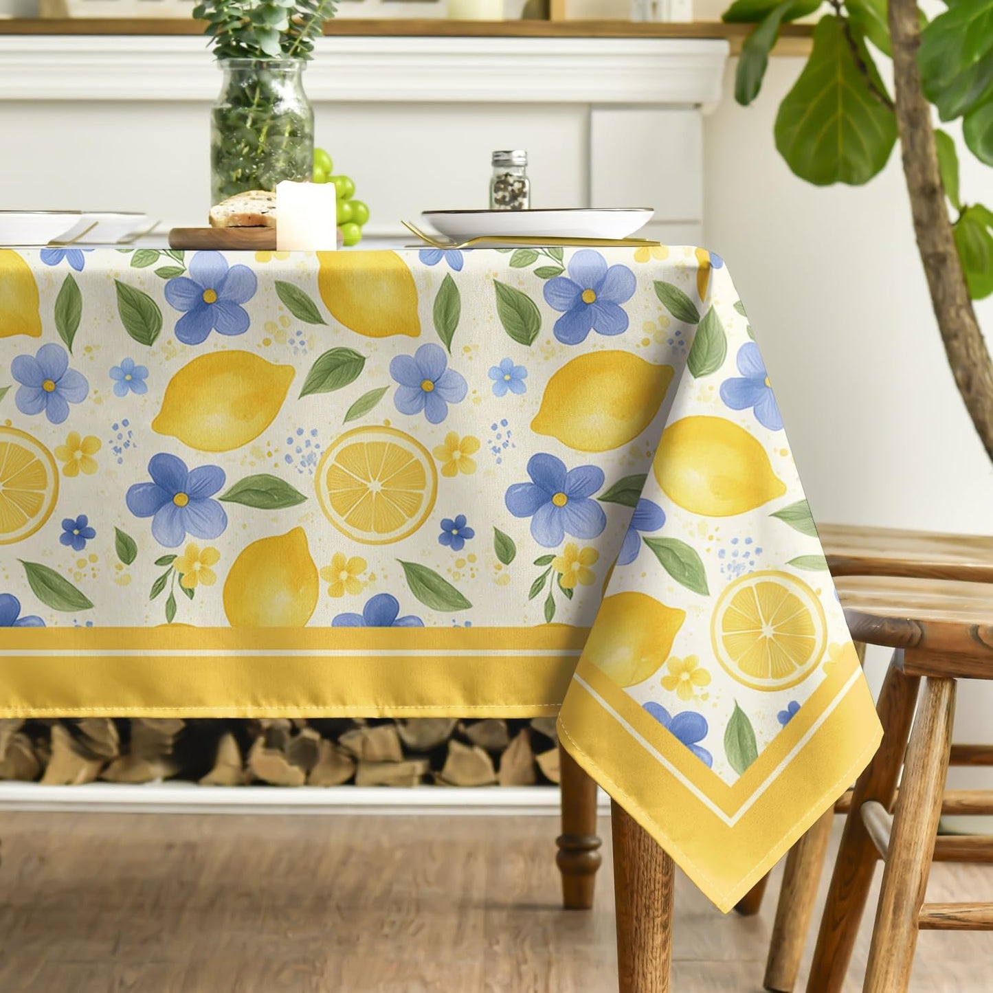Mantel cuadrado de verano 60x60 pulgadas con limones, hojas de jazmín, azul y amarillo lavable