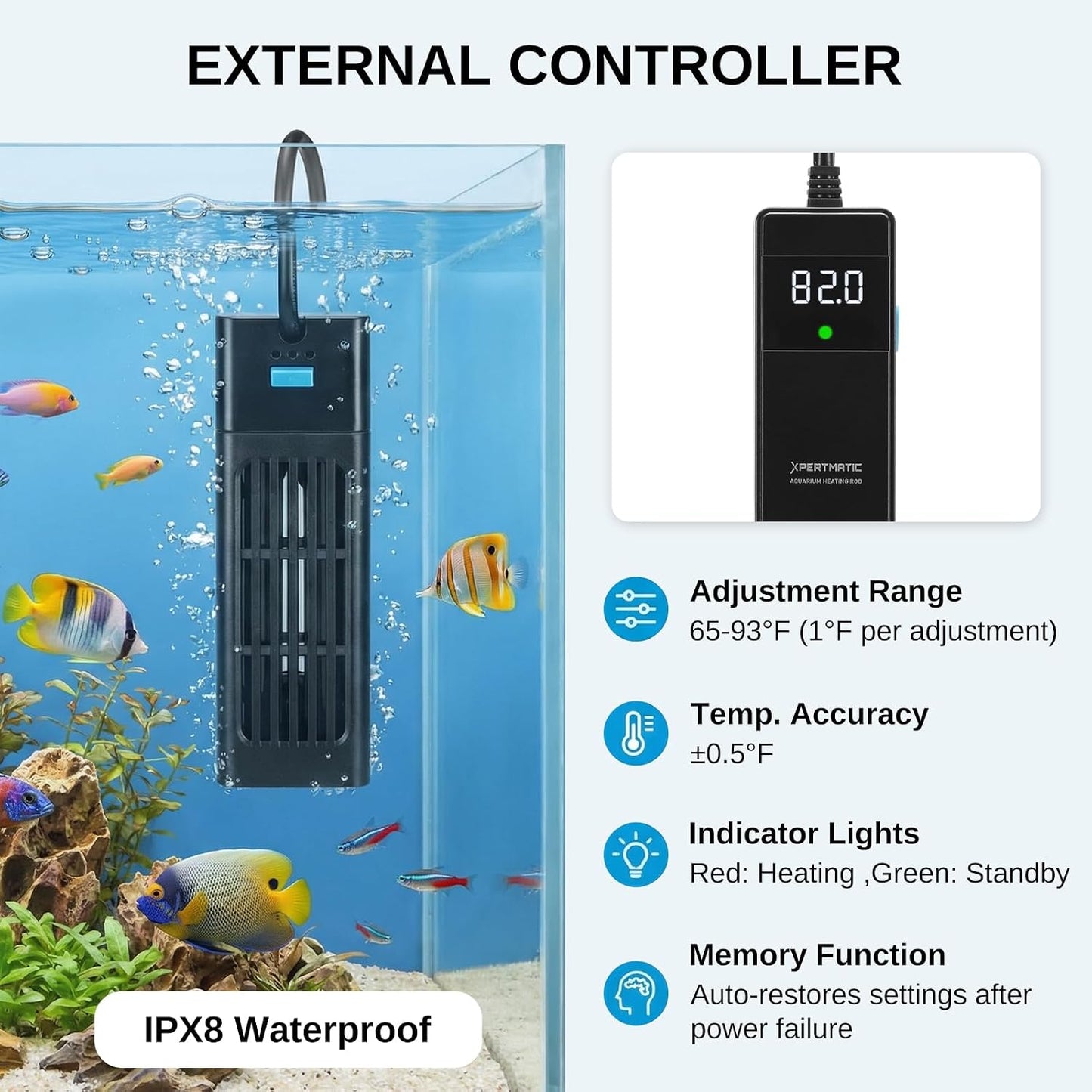 Calentador acuario 200W 15-26gal 65-93°F sonda PID