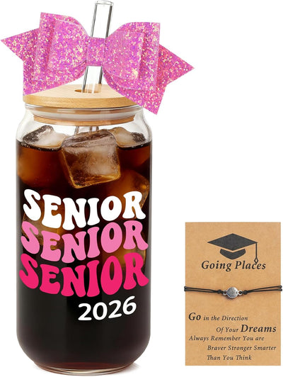 Taza de vidrio 2026 para personas mayores con lazo y pulsera de purpurina