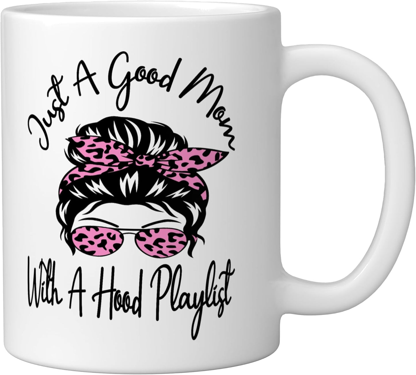 Taza cerámica blanca con playlist hip-hop humorístico Just A Good Mom With A Hood