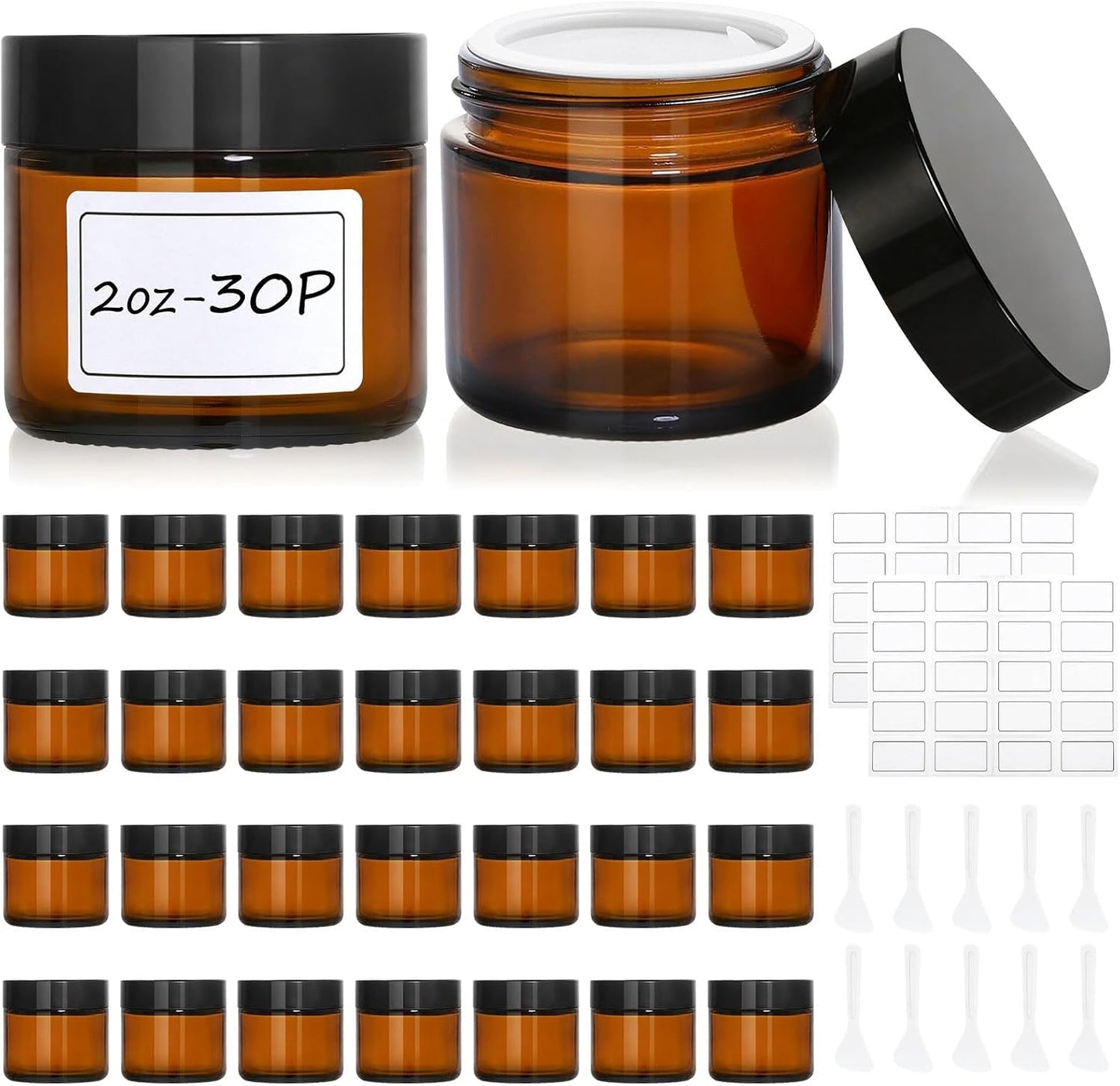 30 Tarros Vidrio 2oz con Tapas Etiquetas Espátulas