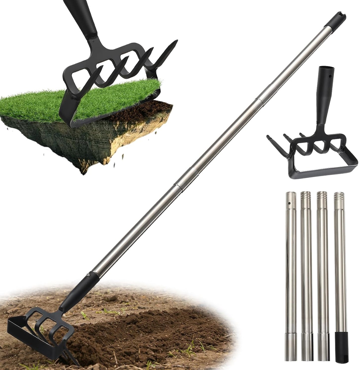 Herramienta jardín 2en1 azada metal 4 púas mango ajustable