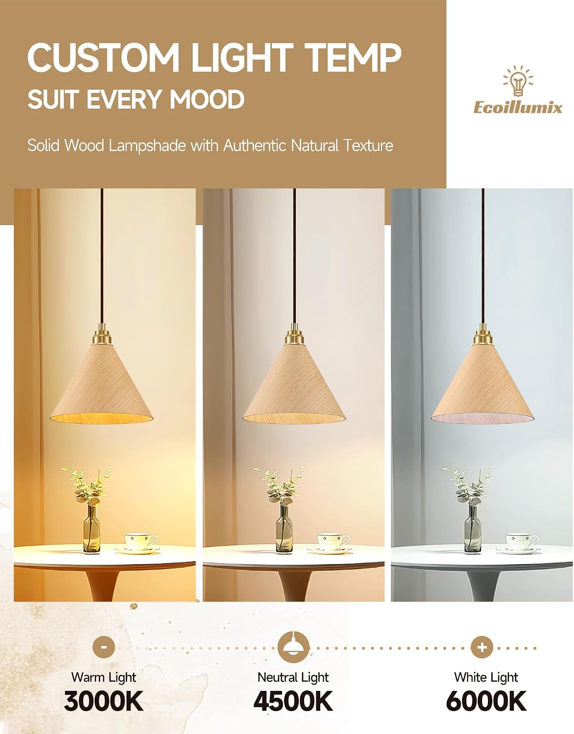 2 Luces Colgantes Madera 8.3pulg Ajustables para Isla Cocina