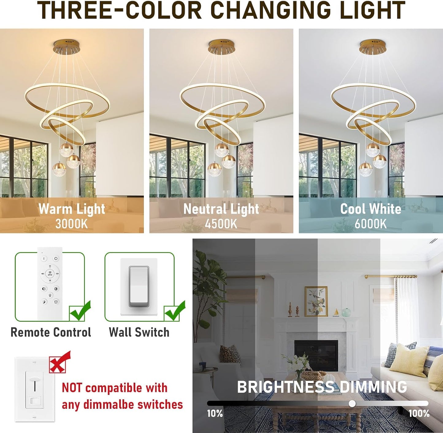 Candelabro LED 3 colores ajustable colgante con control remoto