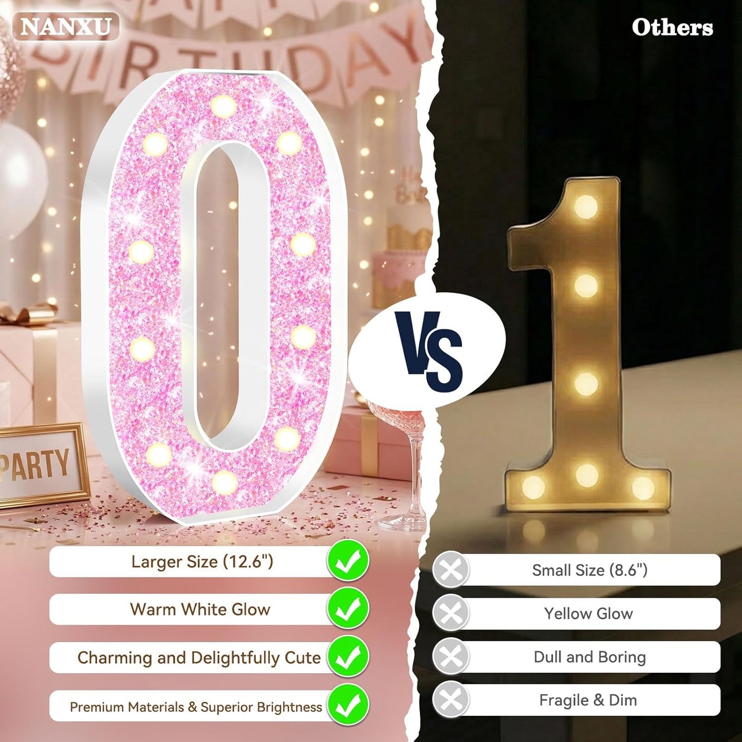Números iluminados LED rosa 12.6pulg para cumpleaños niña