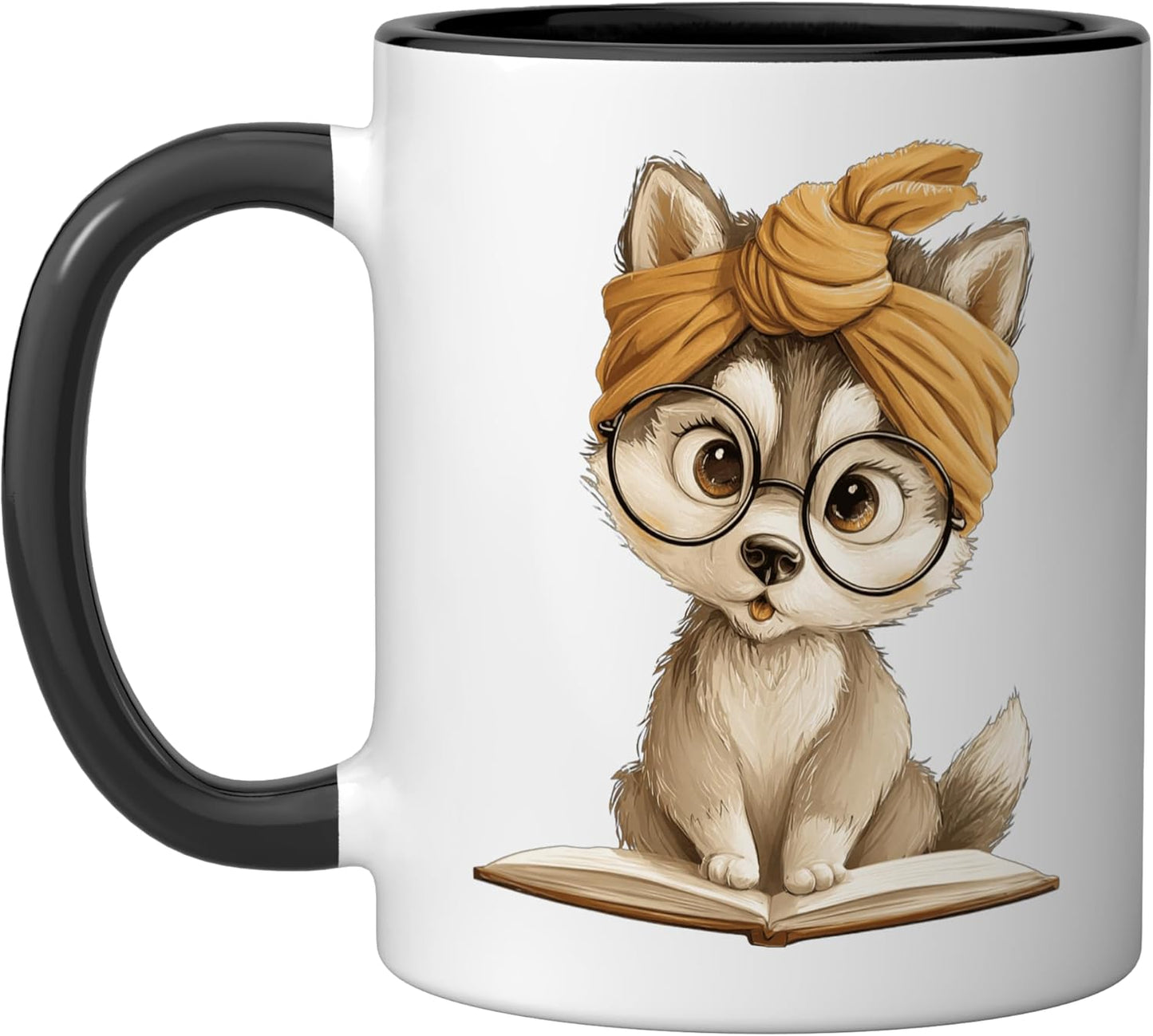 Libro para leer con taza de cerámica perro husky negro/blanco