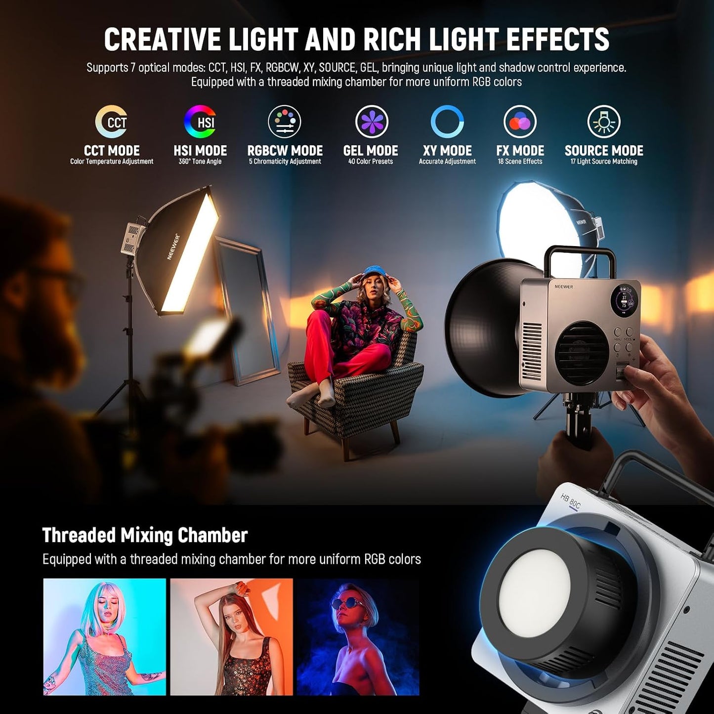 Luz LED RGBWW 80W batería 72Wh control APP 2500K-7500K