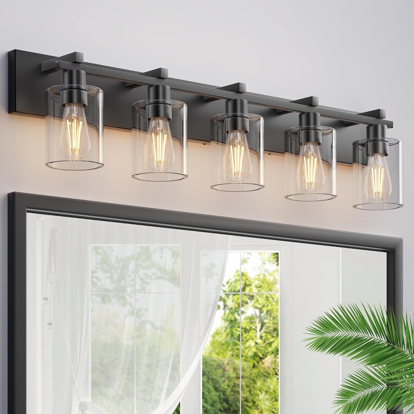Lámpara tocador baño 5 luces negras vidrio grueso 37pulg moderna