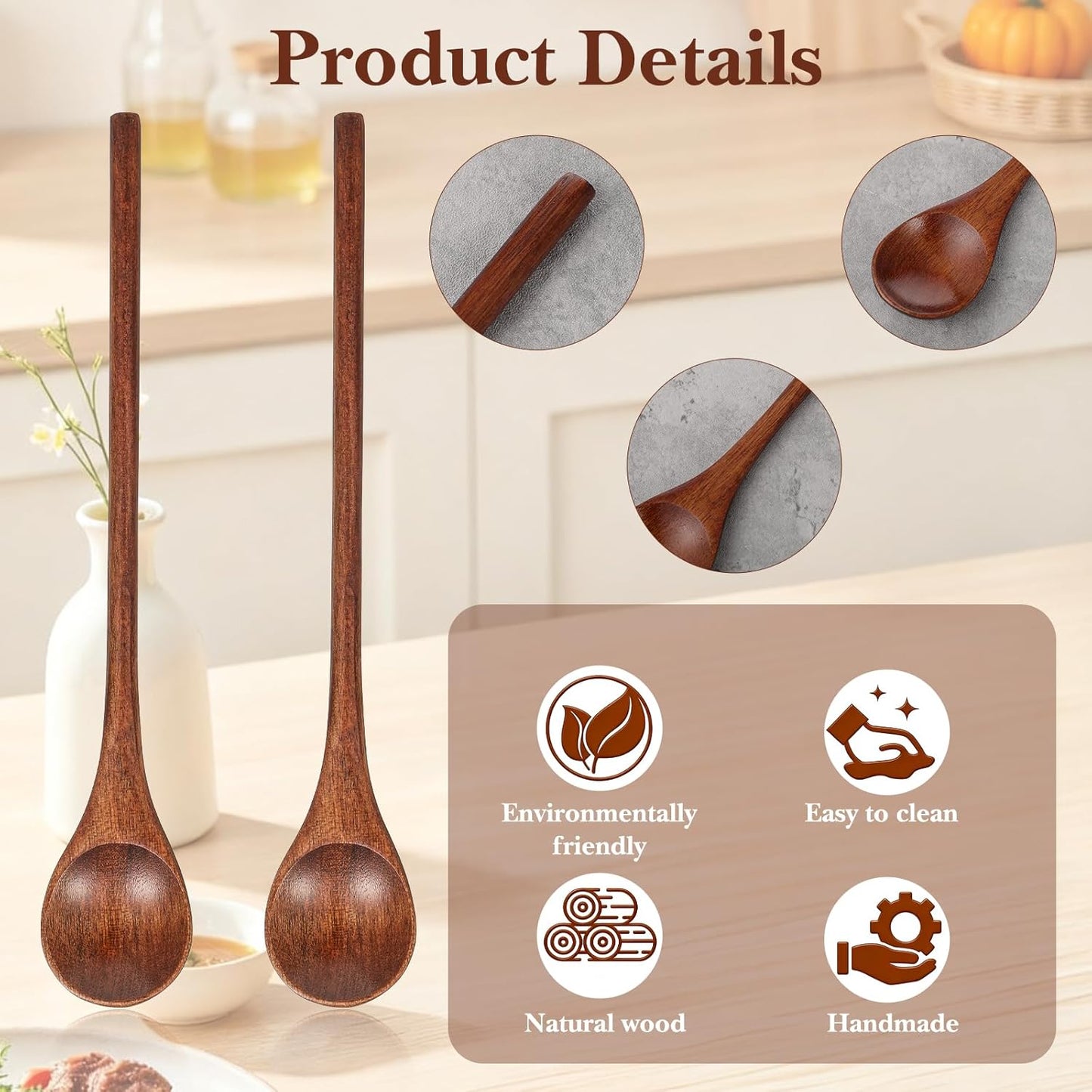 2 Cucharas Largas Madera Mango para Cocina Té Café