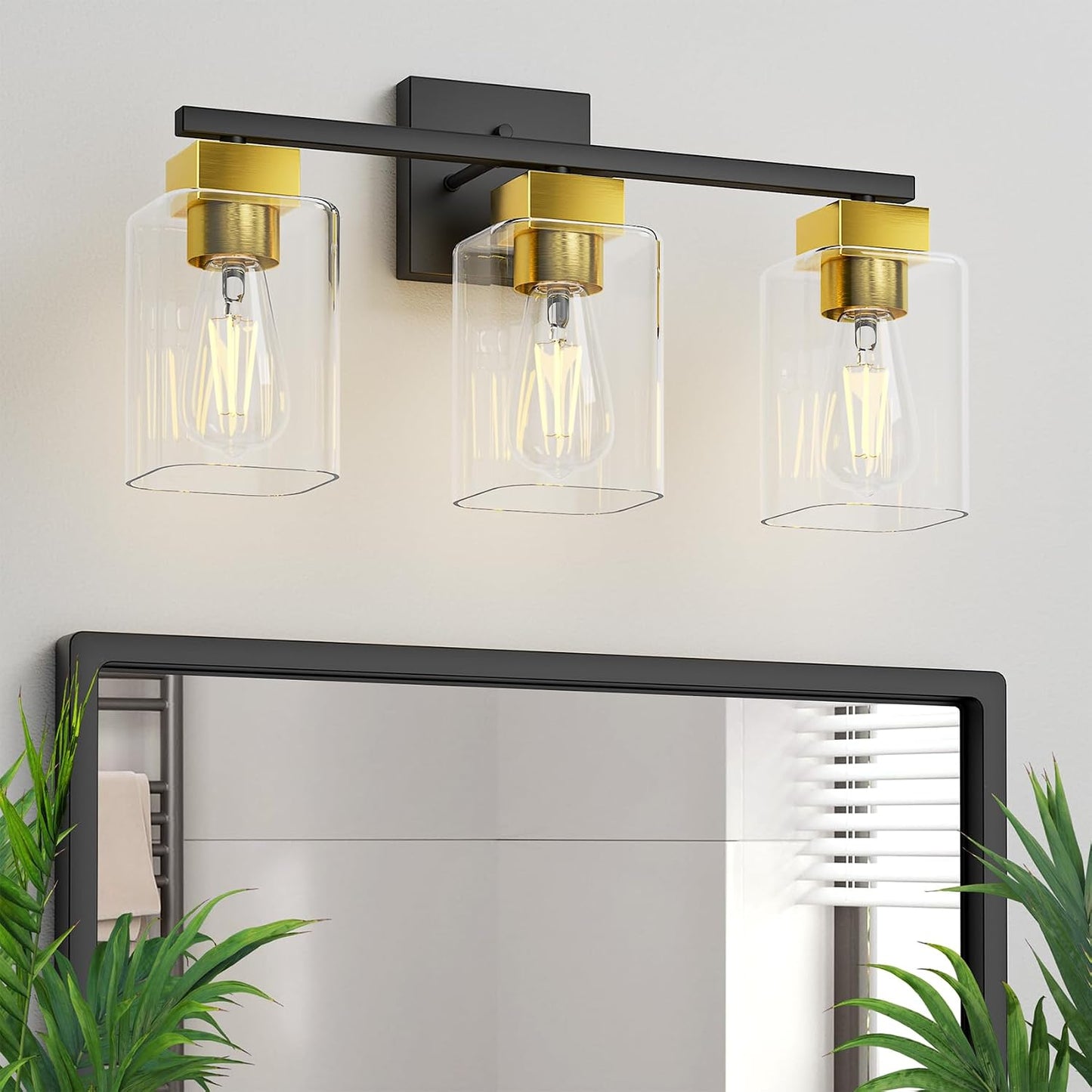Lámpara tocador baño negro dorado cepillado 3 luces E26