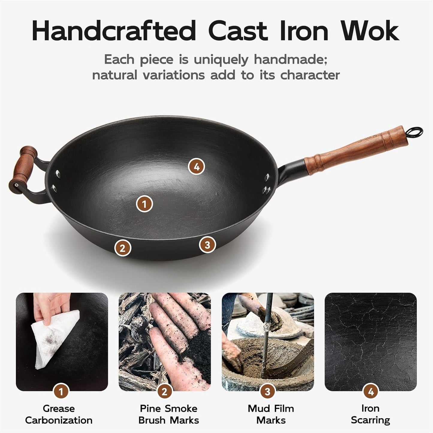 Wok de hierro 12.6 pulgadas con tapa de madera y espátula