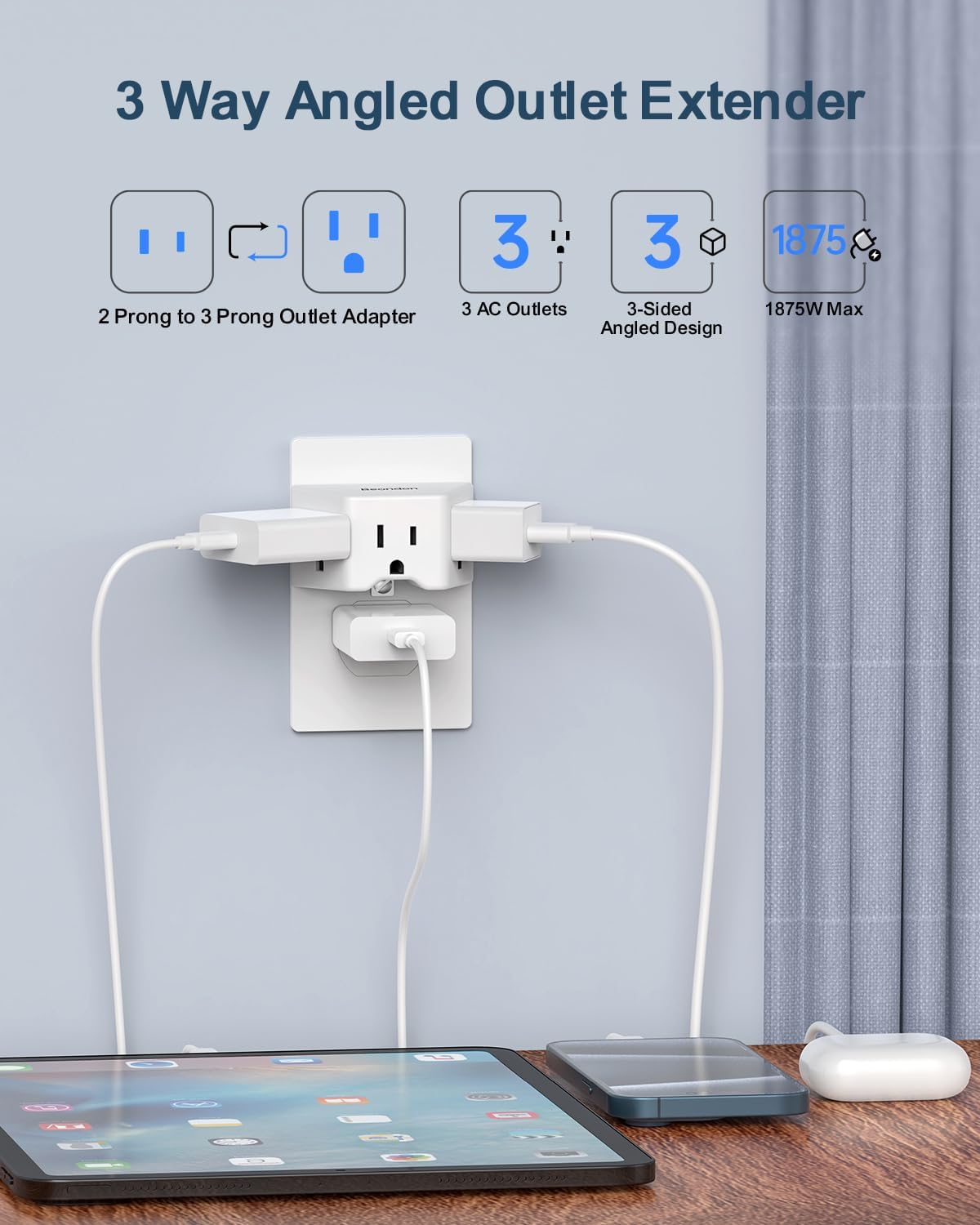 Adaptador 2 a 3 clavijas enchufe multiple pared blanco