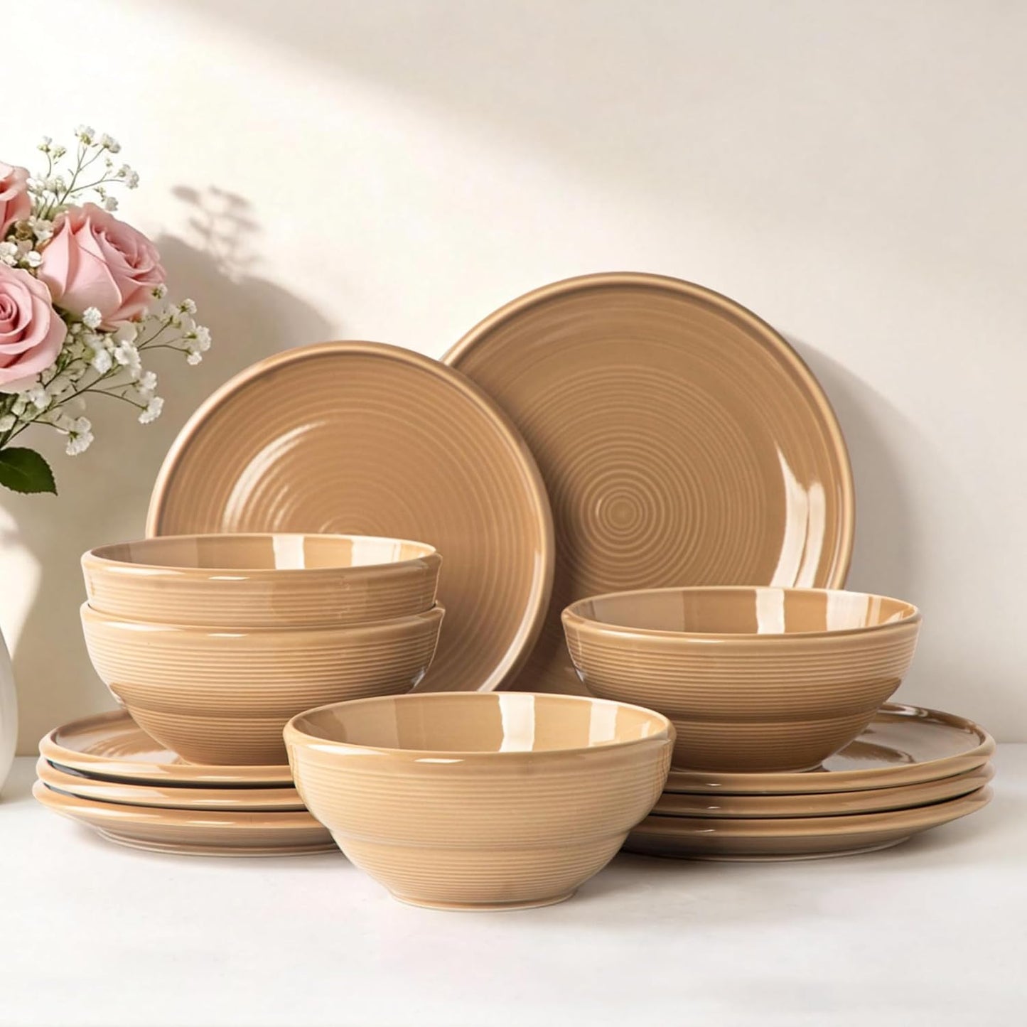 Set 12 Pzas Vajilla Cerámica Textura Concéntrica Resistente