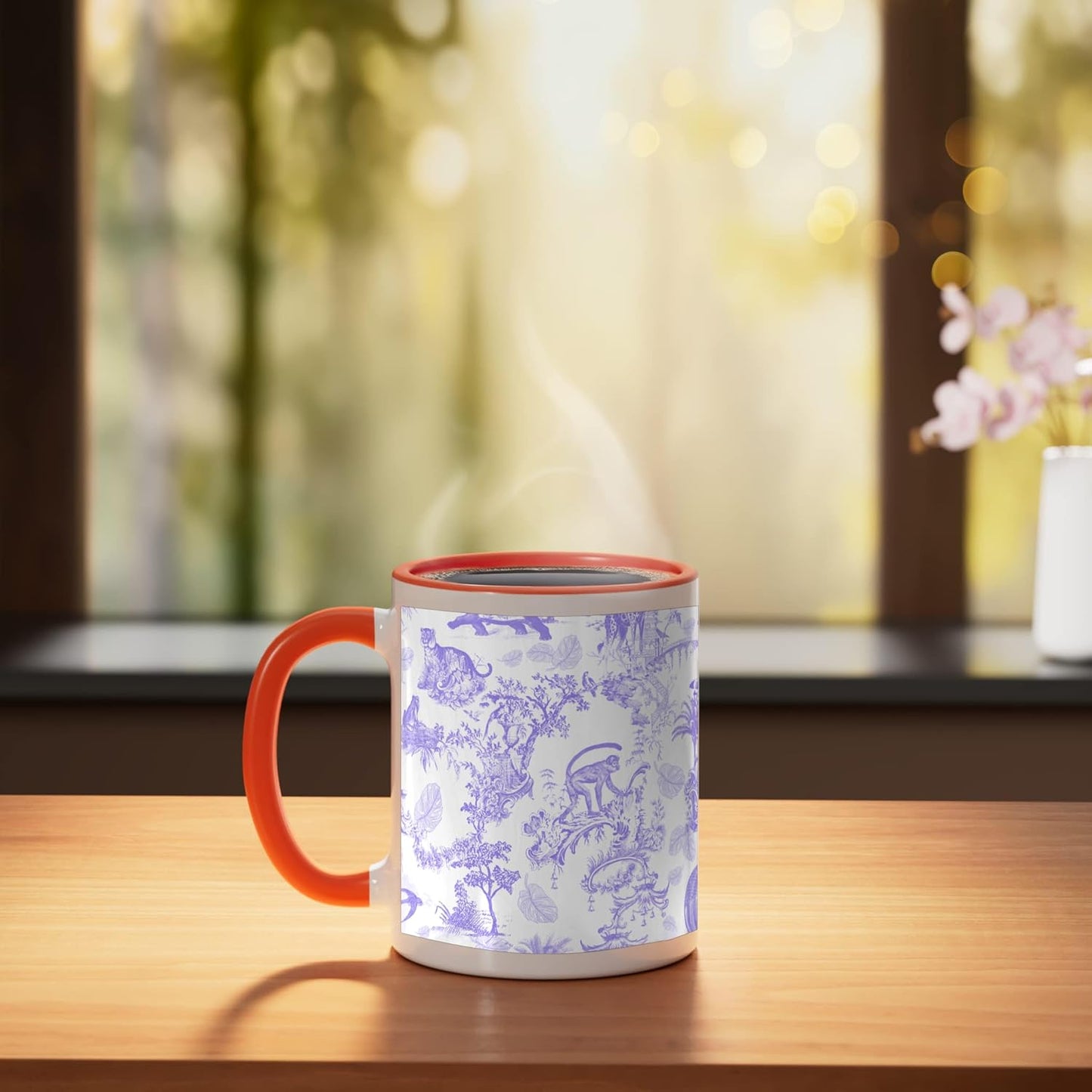 Taza cerámica chinoiserie lilac con leopardos, monos y palmeras