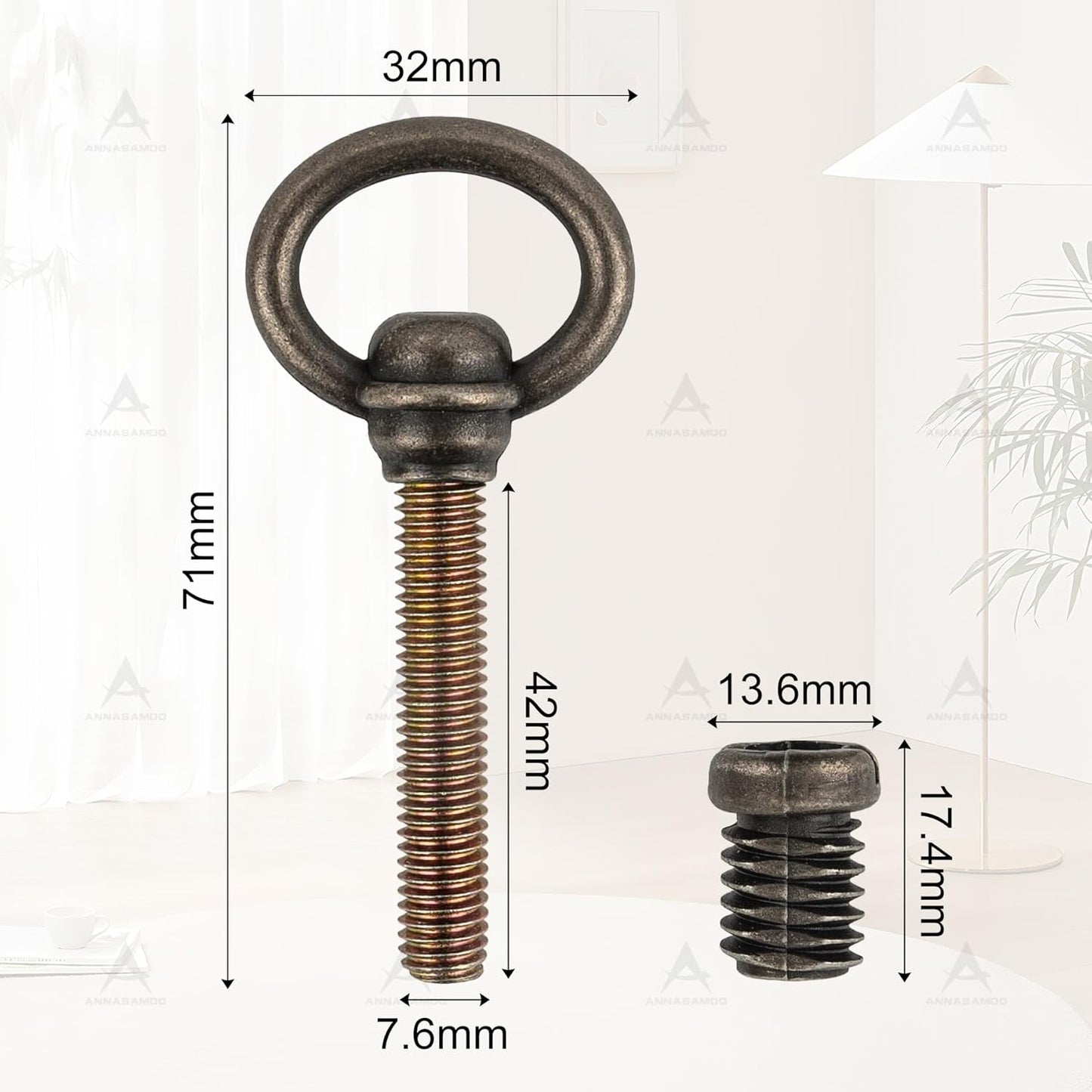 Set 4 tornillos ojales M8x71mm bronce antiguo para espejos