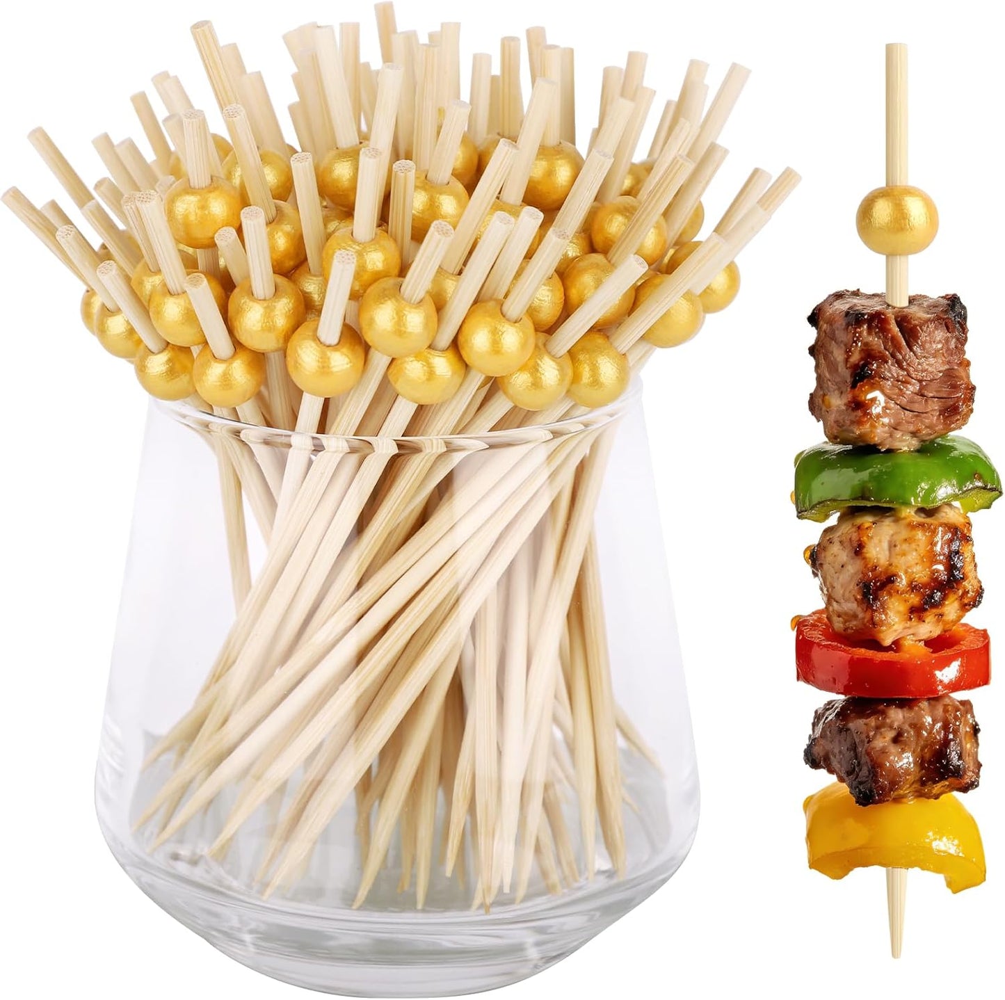 200 Palillos Cóctel Perlas Doradas 4.7pulg Bambú para Aperitivos
